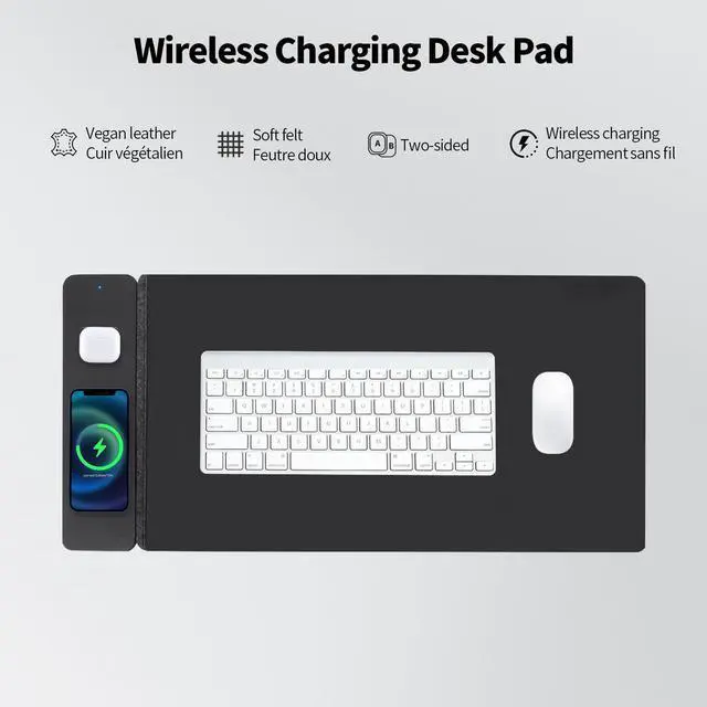 Alt view image 2 of 5 - Wireless Charging Mouse Pad,Dual Fast Charger, Reversible Felt & PU Leather Desk Mat, for Office & Gaming, Large Surface, iPhone & Android Compatible - Black