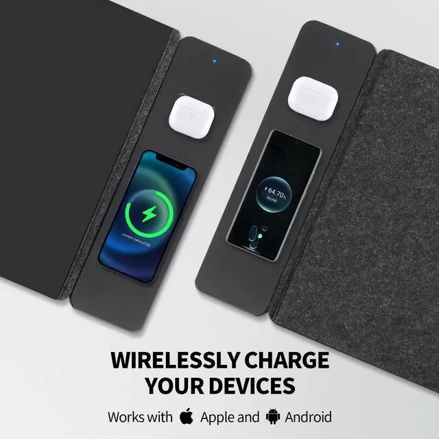 Alt view image 3 of 5 - Wireless Charging Mouse Pad,Dual Fast Charger, Reversible Felt & PU Leather Desk Mat, for Office & Gaming, Large Surface, iPhone & Android Compatible - Black