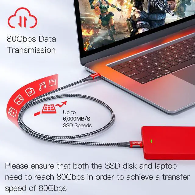 Alt view image 5 of 5 - 80Gbps for Thunderbolt 5 Cable 6FT, USB4 V2 Cable 120Gbps Bandwidth, PD 240W, 16K/8K 60Hz, 4K 540Hz/240Hz, USB C Monitor Video Display Cable for iPhone 16, Razer Blade, ACASIS SSD, Thunderbolt 4/3