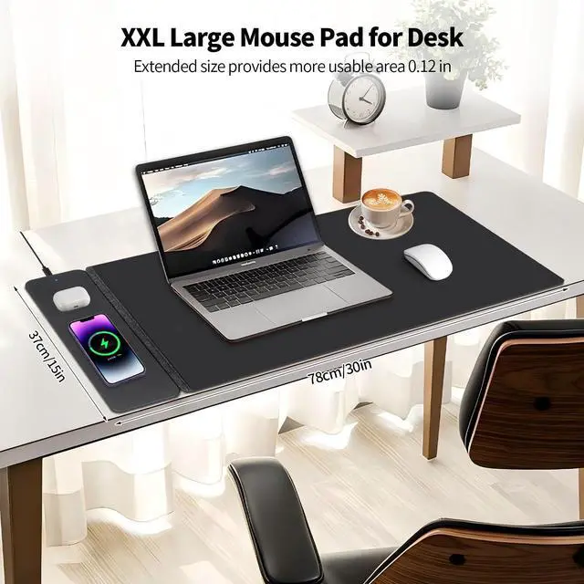 Alt view image 5 of 5 - Wireless Charging Mouse Pad,Dual Fast Charger, Reversible Felt & PU Leather Desk Mat, for Office & Gaming, Large Surface, iPhone & Android Compatible - Black