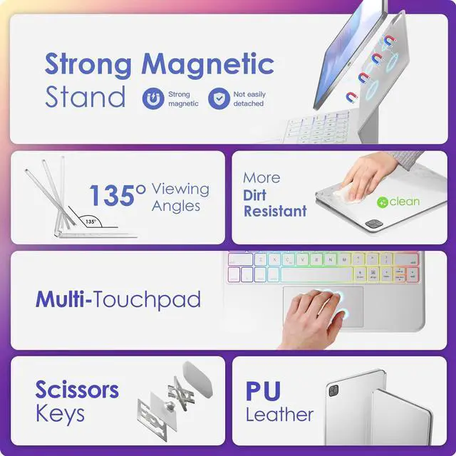 Alt view image 3 of 5 - NOKBABO for iPad Air 11 inch case with Keyboard 2024 (M2), Magic-Stand, 7-Color Backlit, Magic Keyboard for iPad Pro 11 (4th/3rd/2nd/1st) & iPad Air 10.9 inch 6th/5th/4th - White