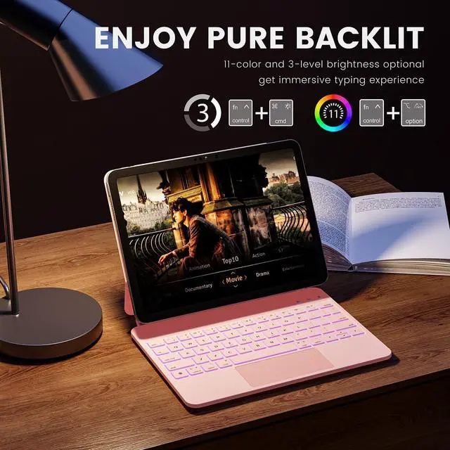 Alt view image 4 of 5 - RAYMCRAFT for iPad 11th(A16, 2025)/10th Generation Case with Keyboard, Magic Keyboard 2022, Springy Backlit Keys, Stain-Resistant Surface, Multi-Touch Trackpad,Pink