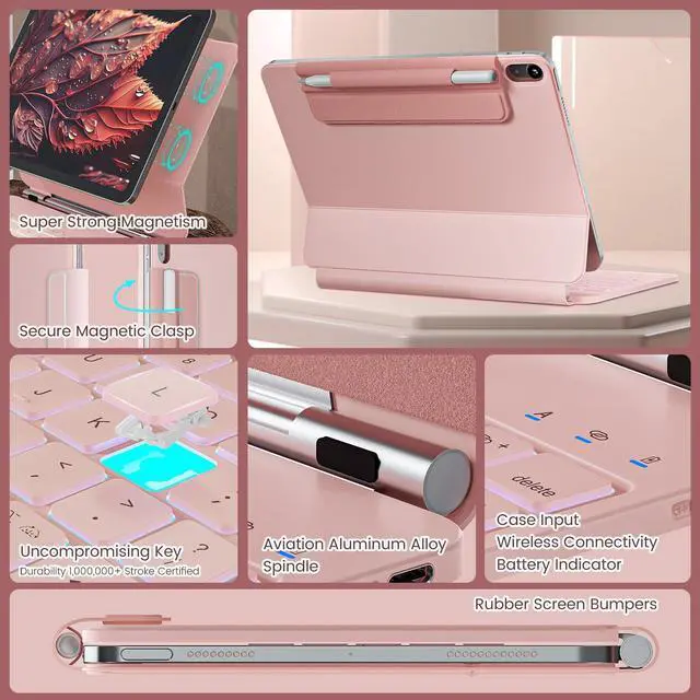Alt view image 5 of 5 - RAYMCRAFT for iPad 11th(A16, 2025)/10th Generation Case with Keyboard, Magic Keyboard 2022, Springy Backlit Keys, Stain-Resistant Surface, Multi-Touch Trackpad,Pink