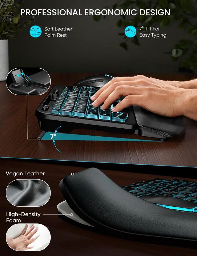 Alt view image 2 of 5 - SABLUTE 2 Pack Ergonomic Wireless Keyboard and Mouse Combo - Wave Keyboard with Soft Leather Wrist Rest, Resistant Keys, RGB Backlit Rechargeable Set