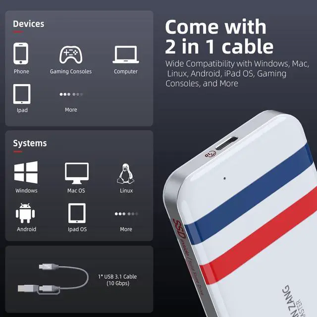 Alt view image 4 of 5 - SAN ZANG MASTER 1TB Portable SSD - Up to 1050MB/s High-Speed Transfer, USB 3.2 Gen 2, External Solid State Drive with 2 in 1 Cable, External SSD 1TB Data Storage for PC, Mac, Android, Gaming Consoles