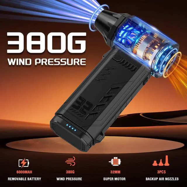 Alt view image 5 of 5 - JUFINX X301 Electric Air Duster with 6000MAH Removable Battery, Backup Air Nozzles,32MM Super Motor,380G Wind Pressure and C01 Keyboard Cleaning Kit