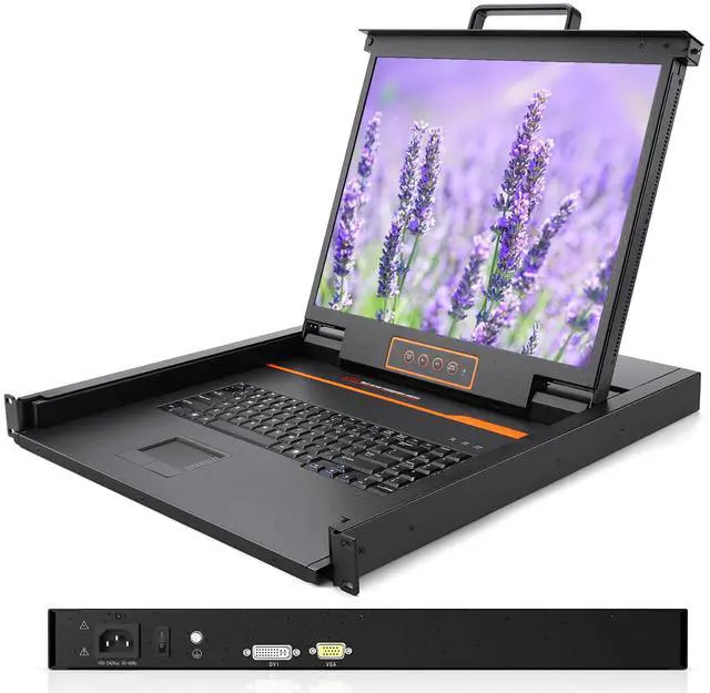 Main image of 19" Rack Mount Monitor and Keyboard, 1U KVM Console, Single Port DVI VGA Rack KVM Switch, 1280X1024 60Hz, 5:4 Ratio, 23.8" Deep, VGA and DVI KVM Cable Included, Compatible with Windows,Linux,Mac,etc