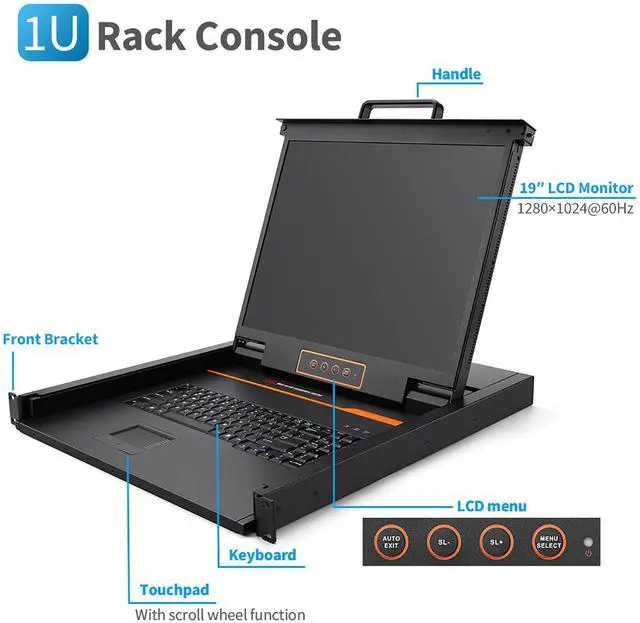 Alt view image 3 of 5 - 19" Rack Mount Monitor and Keyboard, 1U KVM Console, Single Port DVI VGA Rack KVM Switch, 1280X1024 60Hz, 5:4 Ratio, 23.8" Deep, VGA and DVI KVM Cable Included, Compatible with Windows,Linux,Mac,etc