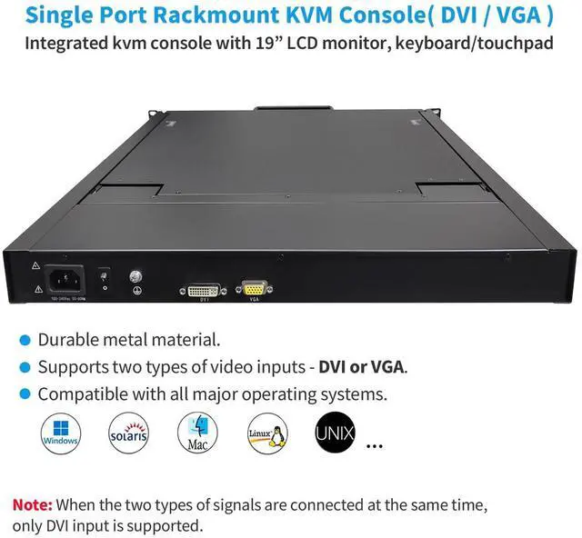 Alt view image 2 of 5 - 19" Rack Mount Monitor and Keyboard, 1U KVM Console, Single Port DVI VGA Rack KVM Switch, 1280X1024 60Hz, 5:4 Ratio, 23.8" Deep, VGA and DVI KVM Cable Included, Compatible with Windows,Linux,Mac,etc