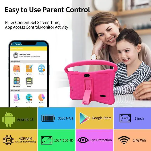 Alt view image 2 of 5 - NEWISION 7 inch Kids Tablet with Case,32GB Toddler Tablets Android 13 with WiFi,Dual Camera,Education,Games,Kids Software Pre-Installed,Computer Tablet PC with Age Filters,Parental Controls(Pink)