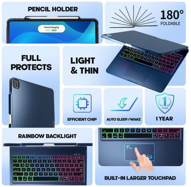 Alt view image 3 of 5 - NOKBABO for iPad 13 pro case with Keyboard & iPad Air 13 inch case Keyboard, Rainbow Backlits, Pencil Holder, 360degRotatable, Compatible with iPad Pro 12.9 6th/5th/4th/3rd Generation - Lake Blue