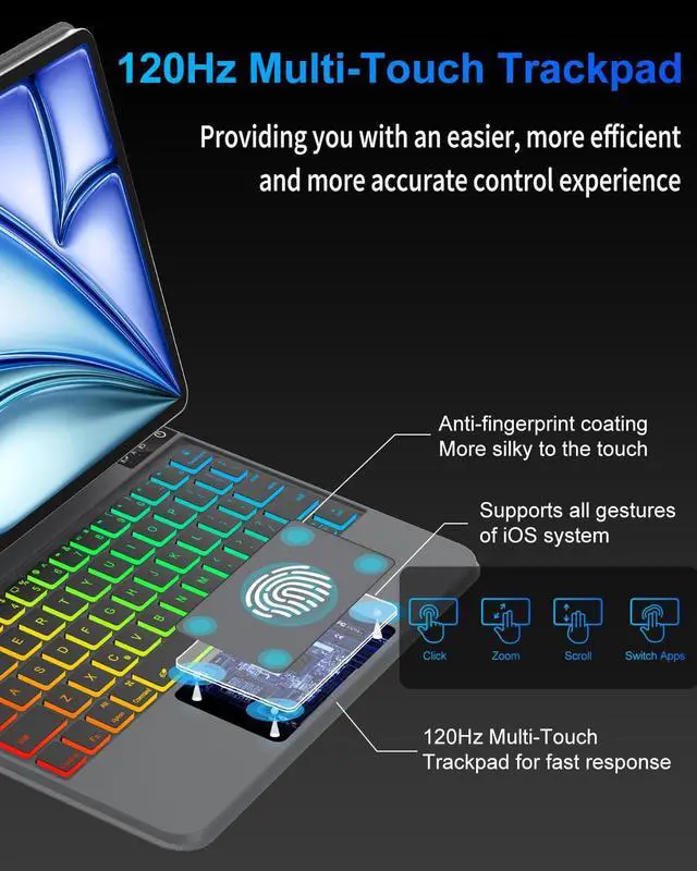 Alt view image 2 of 5 - KVAGO Keyboard Case for iPad Air 11 inch M3,2025/M2, 2024 & iPad Pro 11 inch (4th/3rd/2nd/1st Gen) - Multi-Touch Trackpad, Magic Keyboard Case for iPad Air 5th/4th Gen, Rainbow Colors Backlit, Black