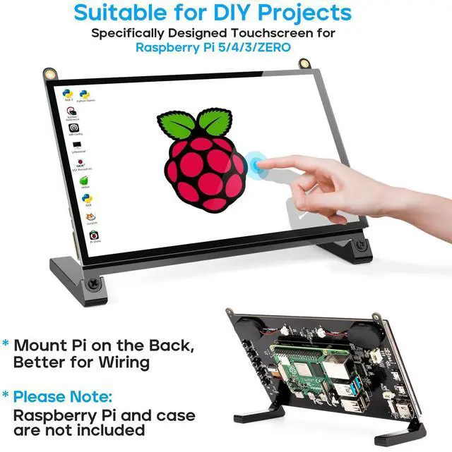 Alt view image 2 of 5 - ROADOM 7'' Raspberry Pi Screen, IPS1024x600,Responsive Smooth Touch,Dual Built-in Speakers,HDMI Input,Compatible with Raspberry Pi 5/4/3,Driver Free