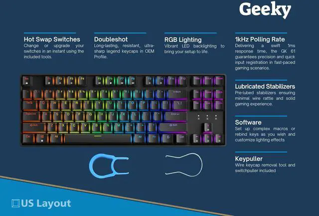 Alt view image 2 of 5 - Geeky GK80 Tenkeyless | Hot Swappable Mechanical Gaming Keyboard | 87 Keys Multi Color RGB LED Backlit for PC/Mac Gamer | ANSI US American Layout (Black, Mechanical Speed Silver)