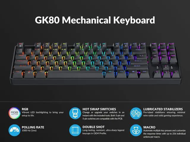 Alt view image 3 of 5 - Geeky GK80 Tenkeyless | Hot Swappable Mechanical Gaming Keyboard | 87 Keys Multi Color RGB LED Backlit for PC/Mac Gamer | ANSI US American Layout (Black, Mechanical Speed Silver)