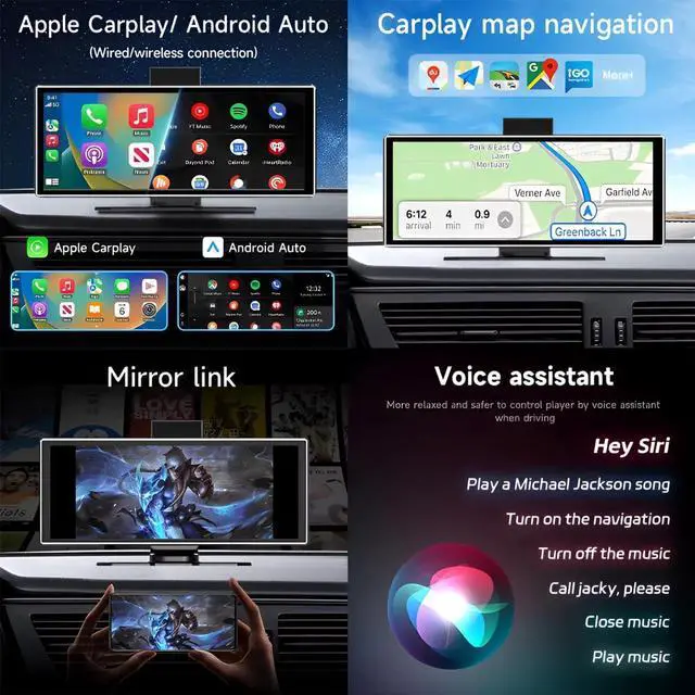 Alt view image 3 of 5 - RATNOR 11.26-Inch FHD Portable Wireless Screen for Car Vehicle Apple CarPlay 4K Dash Cam, Android Auto Screen with Dash Cam, Backup Camera