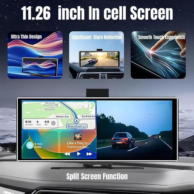 Alt view image 5 of 5 - RATNOR 11.26-Inch FHD Portable Wireless Screen for Car Vehicle Apple CarPlay 4K Dash Cam, Android Auto Screen with Dash Cam, Backup Camera