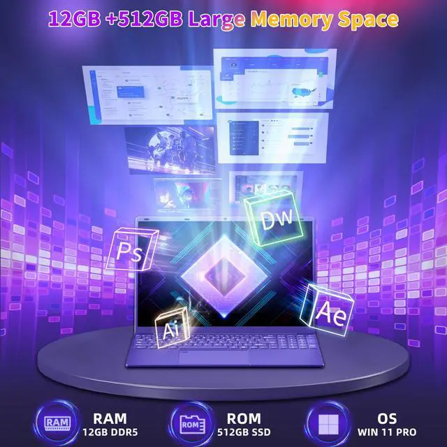 Alt view image 4 of 5 - 16" Purple Laptop Computer 12G LPDDR5 RAM 512GB NVMe SSD Alder Lake N95 CPU, 2K FHD(1920 * 1200) IPS Screen/Color Backlit KB/Fingerprint/Win 11 Pro PC for Business Work Study (12G+512GB)