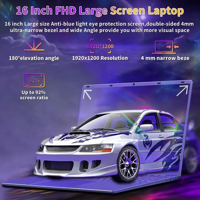 Alt view image 3 of 5 - 16" Purple Laptop Computer 12G LPDDR5 RAM 512GB NVMe SSD Alder Lake N95 CPU, 2K FHD(1920 * 1200) IPS Screen/Color Backlit KB/Fingerprint/Win 11 Pro PC for Business Work Study (12G+512GB)