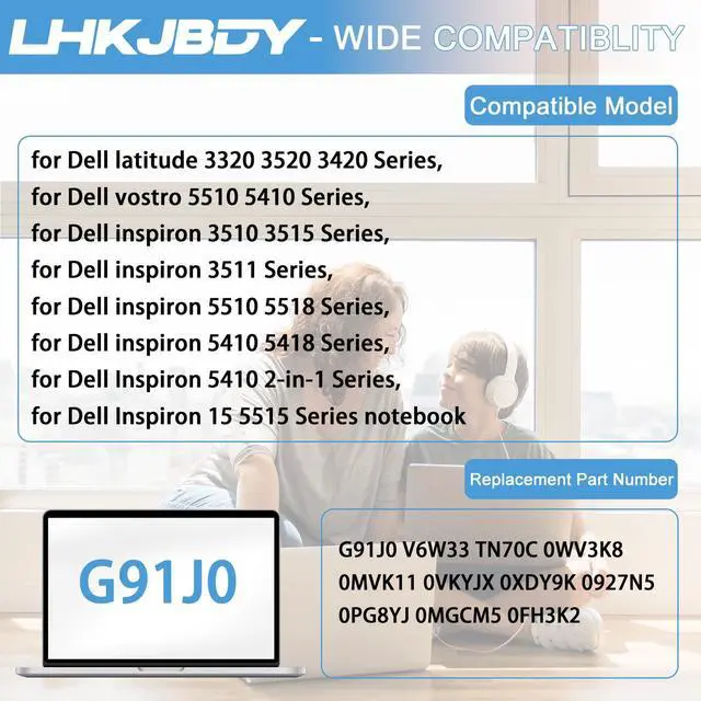 Alt view image 4 of 5 - G91J0 Laptop Battery Replacement for Dell Inspiron 3510 3511 3515 5330 5410 5415 5418 5518 5430 5435 7415 7420 2-in-1 for Latitude 3320 3330 3420 3520 Vostro 5620 5625 Series V6W33 TN70C 41Wh 11.25V