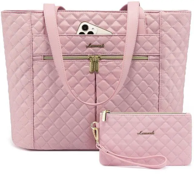 Main image of LOVEVOOK Laptop Bag for Women 17 inch,Diamond Quilted Work Tote Bags Womens Laptop Tote Bag Computer Shoulder Bags,Stylish Travel Tote Bags Laptop Purse Case Briefcase Handbag with Clutch Purse,Pink