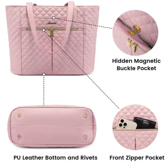 Alt view image 4 of 5 - LOVEVOOK Laptop Bag for Women 17 inch,Diamond Quilted Work Tote Bags Womens Laptop Tote Bag Computer Shoulder Bags,Stylish Travel Tote Bags Laptop Purse Case Briefcase Handbag with Clutch Purse,Pink
