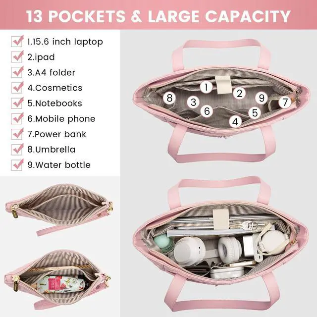 Alt view image 2 of 5 - LOVEVOOK Laptop Bag for Women 17 inch,Diamond Quilted Work Tote Bags Womens Laptop Tote Bag Computer Shoulder Bags,Stylish Travel Tote Bags Laptop Purse Case Briefcase Handbag with Clutch Purse,Pink