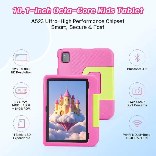 Alt view image 2 of 5 - paitanry 10.1 inch Tablet for Kids - Kids Tablet with Pink EVA Case, Android 14, A523 Octa-Core CPU, 8GB+64GB, Wi-Fi 6 (2.4GHz & 5GHz), Dual Camera, GMS, Parental Control