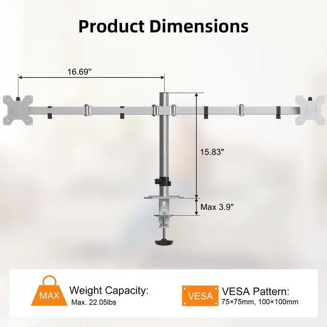 Alt view image 2 of 5 - Pholiten Dual Monitor Stand, Heavy Duty Adjustable Monitor Arm Desk Mount for 2 Screens up to 38Inches, Tilt, Swivel, Rotate, Supports Tilt, Swivel, Rotate, Supports 22 lbs per Arm,Silver