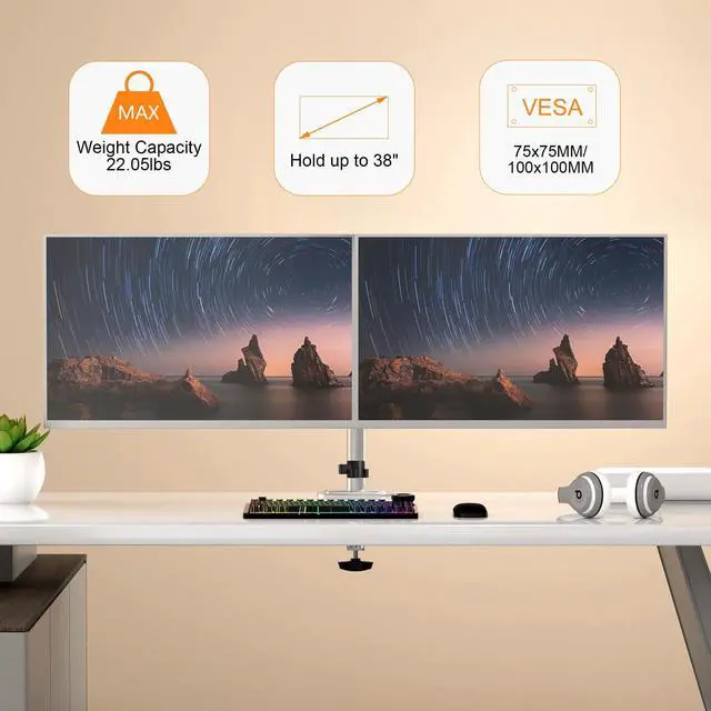 Alt view image 4 of 5 - Pholiten Dual Monitor Stand, Heavy Duty Adjustable Monitor Arm Desk Mount for 2 Screens up to 38Inches, Tilt, Swivel, Rotate, Supports Tilt, Swivel, Rotate, Supports 22 lbs per Arm,Silver