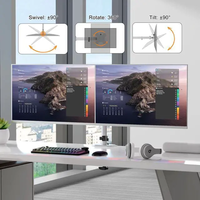 Alt view image 3 of 5 - Pholiten Dual Monitor Stand, Heavy Duty Adjustable Monitor Arm Desk Mount for 2 Screens up to 38Inches, Tilt, Swivel, Rotate, Supports Tilt, Swivel, Rotate, Supports 22 lbs per Arm,Silver