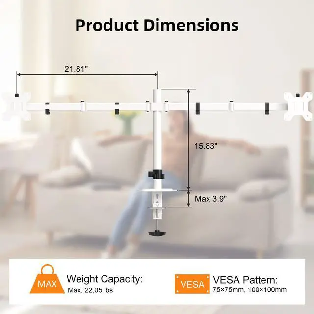 Alt view image 2 of 5 - Pholiten Dual Monitor Stand, Heavy Duty Adjustable Monitor Arm Desk Mount for 2 Screens up to 42Inches, Tilt, Swivel, Rotate, Supports Tilt, Swivel, Rotate, Supports 22 lbs per Arm,White