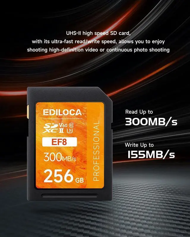 Alt view image 2 of 5 - 256GB UHS-II SD Card V60 Memory Cards for Professional Camera 4K/6K Video - 300MB/s Read, 160MB/s Write, Shockproof & Waterproof High-Speed Storage, U3 Class 10 (EF8 2PCS)