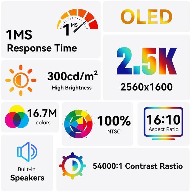 Alt view image 2 of 5 - 10.5" OLED Touchscreen Portable Monitor 2.5K 2560x1600, 100% NTSC, 54000:1 Contrast, Mini Second Touch Display with Protect Case & Speaker, USB-C, HDMI, Small Screen for Laptop Mini PC Phone, Silver