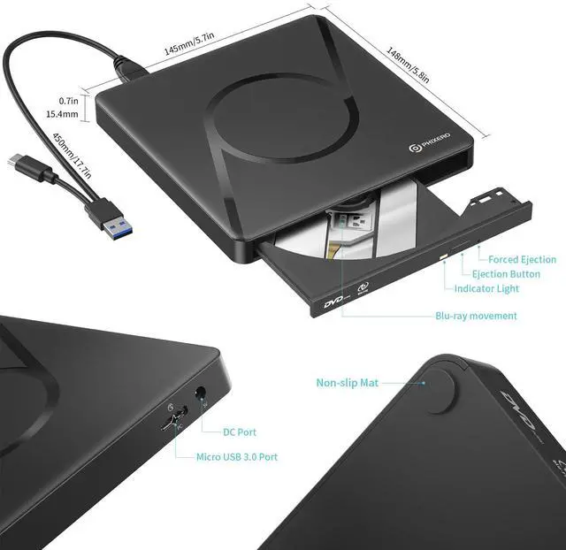 Alt view image 2 of 5 - PHIXERO External 3D Blu Ray DVD Drive Burner for Laptop, Portable Blu-ray Drive USB 3.0, Support Blu Ray Play and M-DISC, for Mac OS, Windows xp/7/8/10, Linux, Vista