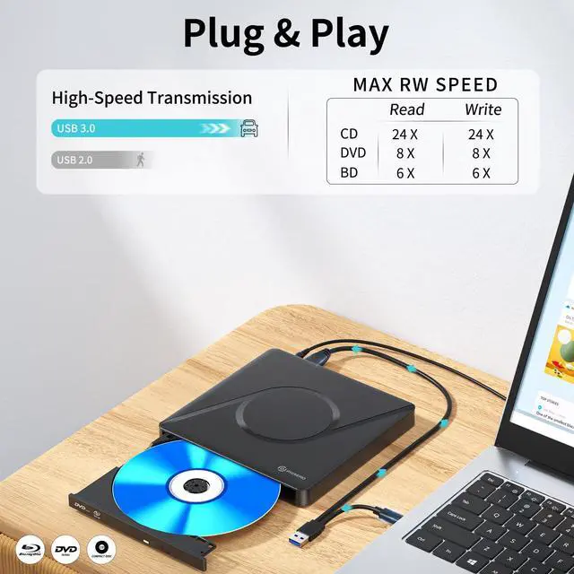 Alt view image 3 of 5 - PHIXERO External 3D Blu Ray DVD Drive Burner for Laptop, Portable Blu-ray Drive USB 3.0, Support Blu Ray Play and M-DISC, for Mac OS, Windows xp/7/8/10, Linux, Vista