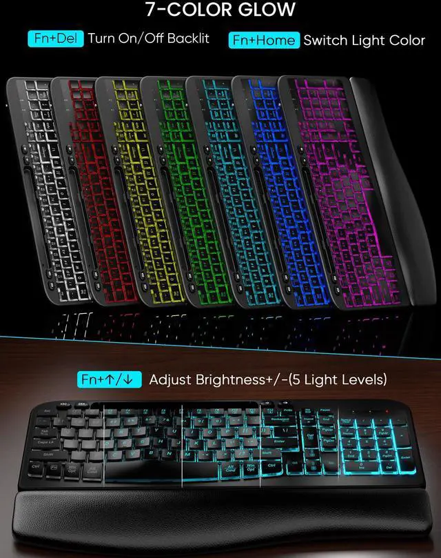 Alt view image 3 of 5 - SABLUTE Wireless Keyboard and Mouse Combo - Ergonomic Wave Keyboard with Soft Leather Wrist Rest, Phone Holder, Rechargeable, RGB Backlit Mouse, Full-Size Cordless Set for Windows/Mac/Computer/Laptop