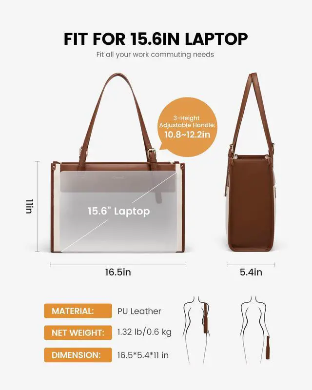 Alt view image 3 of 5 - LOVEVOOK Laptop Tote Bag for Women 15.6 Inch Stylish Leather Work Tote Bag Purse Large Capacity And Waterproof Computer Briefcase for Business Office Travel, White-Black, Brown White