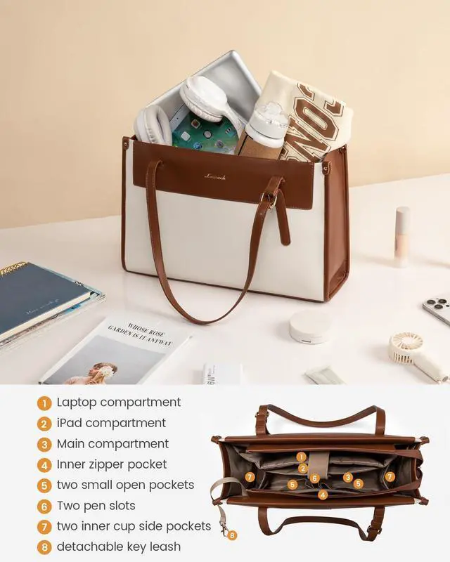Alt view image 4 of 5 - LOVEVOOK Laptop Tote Bag for Women 15.6 Inch Stylish Leather Work Tote Bag Purse Large Capacity And Waterproof Computer Briefcase for Business Office Travel, White-Black, Brown White