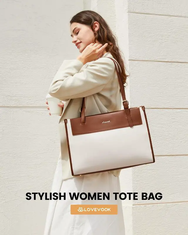 Alt view image 2 of 5 - LOVEVOOK Laptop Tote Bag for Women 15.6 Inch Stylish Leather Work Tote Bag Purse Large Capacity And Waterproof Computer Briefcase for Business Office Travel, White-Black, Brown White