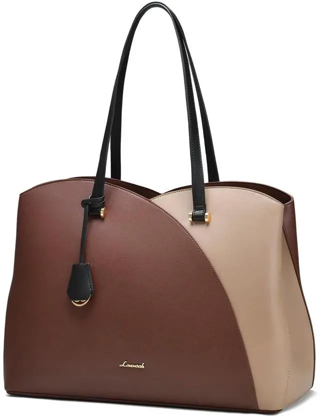 Main image of LOVEVOOK 17 Inch Laptop Tote Bag for Women, Work Bags Laptop Bag Teacher Tote Bag, Leather Computer Bag Large Purses Handbag Professional Briefcase, Coffee-Light Brown-Black