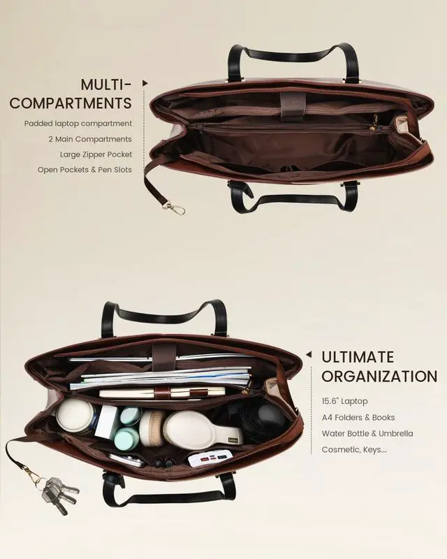 Alt view image 3 of 5 - LOVEVOOK 17 Inch Laptop Tote Bag for Women, Work Bags Laptop Bag Teacher Tote Bag, Leather Computer Bag Large Purses Handbag Professional Briefcase, Coffee-Light Brown-Black