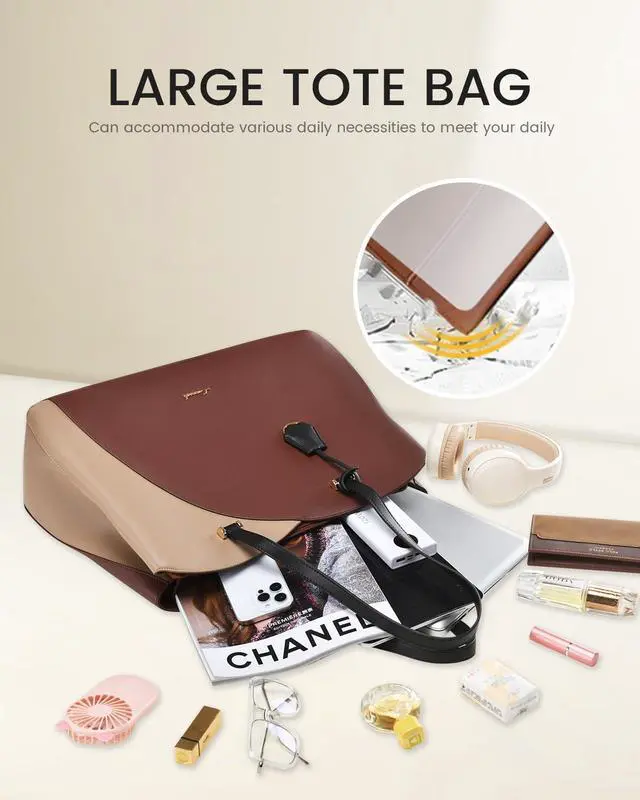 Alt view image 4 of 5 - LOVEVOOK 17 Inch Laptop Tote Bag for Women, Work Bags Laptop Bag Teacher Tote Bag, Leather Computer Bag Large Purses Handbag Professional Briefcase, Coffee-Light Brown-Black