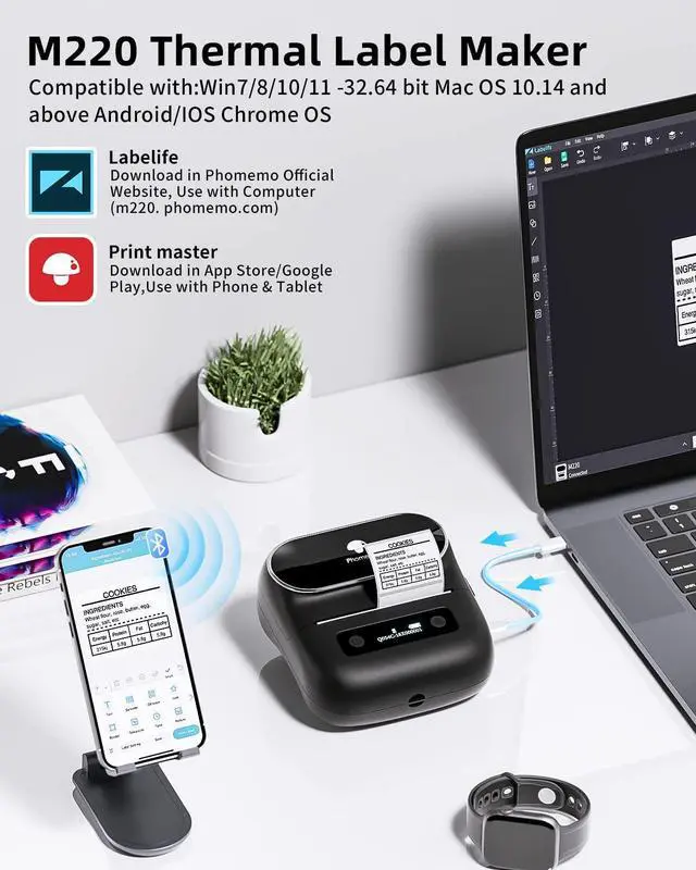 Alt view image 2 of 5 - Phomemo M220 Label Maker, 241bt Bluetooth Shipping Label Printer, Compatible with Android and iOS Phone & Laptop