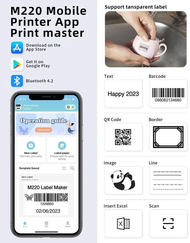 Alt view image 3 of 5 - Phomemo M220 Label Maker, 241bt Bluetooth Shipping Label Printer, Compatible with Android and iOS Phone & Laptop