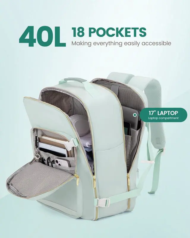Alt view image 3 of 5 - LOVEVOOK Carry on Travel Backpack, 40L Waterproof Large 17inch Laptop Luggage Daypack as Personal Item Flight Approved, Business Weekender Overnight with 3 Packing Cubes, Turquoise-Turquoise
