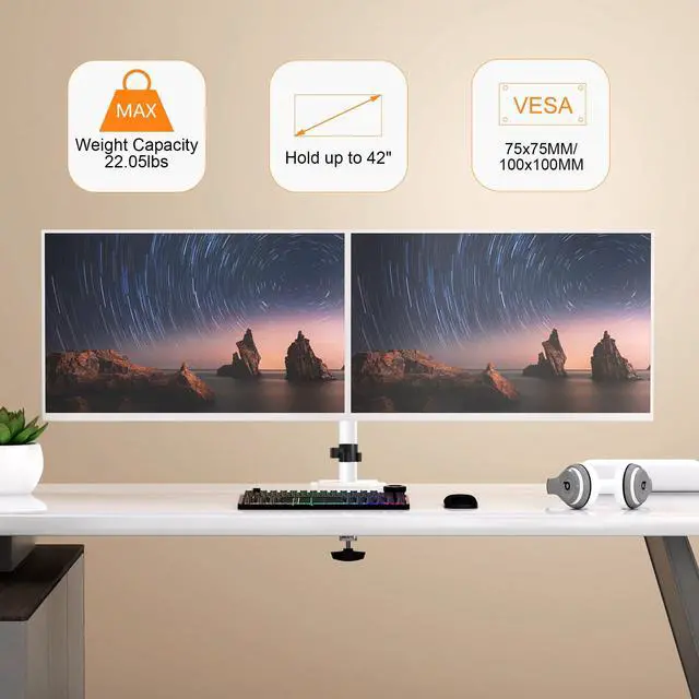 Alt view image 4 of 5 - Pholiten Dual Monitor Stand, Heavy Duty Adjustable Monitor Arm Desk Mount for 2 Screens up to 42Inches, Tilt, Swivel, Rotate, Supports Tilt, Swivel, Rotate, Supports 22 lbs per Arm,White