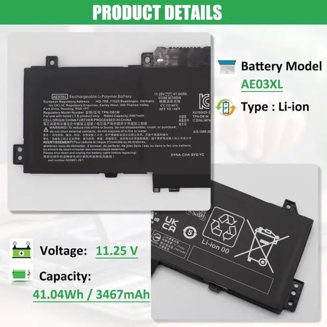 Alt view image 2 of 5 - RHKRKQN AE03XL Laptop Battery Replacement for HP 240 G10 / 245 G10 / 246 G10 / 250 G10 / 255 G10 / 256 G10 14-EE 14-EM 14Z-EM 14-EP 14T-EP 15-FC 15Z-FC 15-FD 15T-FD Series HSTNN-WB0D TPN-DB1N