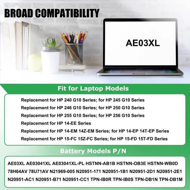 Alt view image 3 of 5 - RHKRKQN AE03XL Laptop Battery Replacement for HP 240 G10 / 245 G10 / 246 G10 / 250 G10 / 255 G10 / 256 G10 14-EE 14-EM 14Z-EM 14-EP 14T-EP 15-FC 15Z-FC 15-FD 15T-FD Series HSTNN-WB0D TPN-DB1N