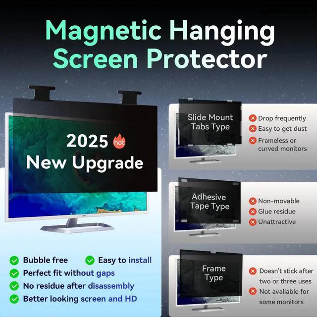 Alt view image 3 of 5 - 2 Pack Magnetic Computer Screen Privacy Shield 23.8 Inch 16:9 Hanging Monitor Anti-glare & Privacy Filters Eyes Protection 23.8in Removable Protector Desktop Security Filter Dust-free Film